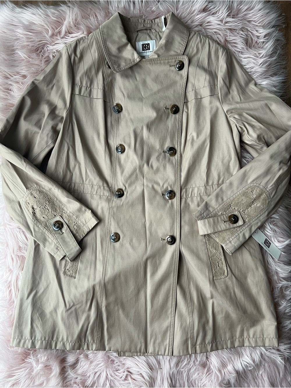NWT Laundry by Design Beige Double-Breasted Trench Coat with Lace Trim XL
